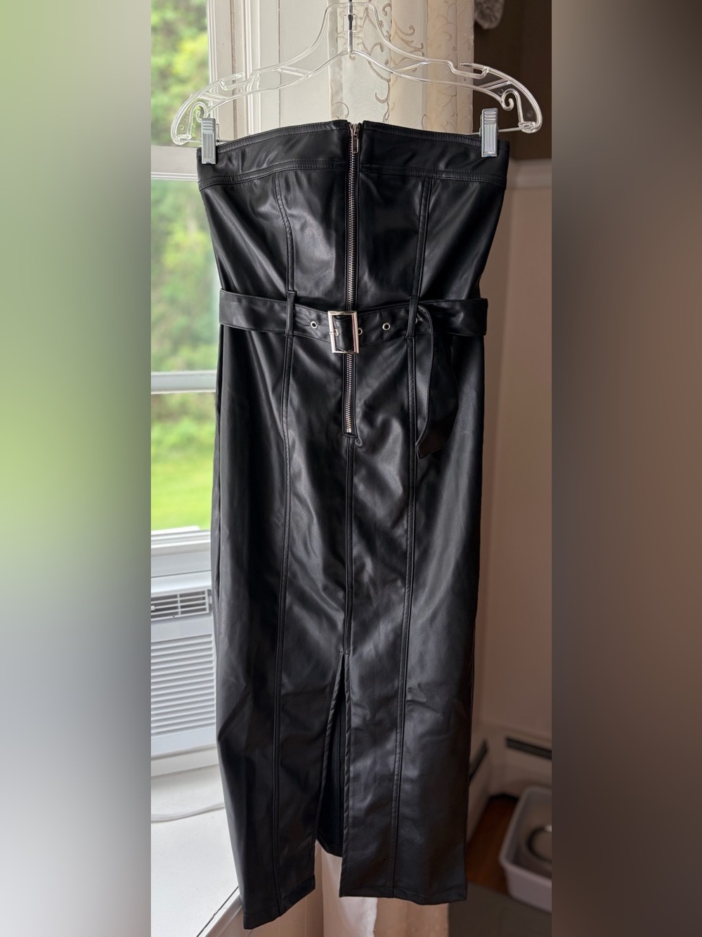 Haute Monde Black Vegan Leather Strapless Midi Dress w Belt Moto Bodycon NWT Sm